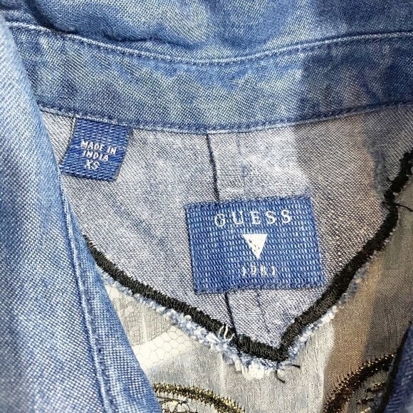 Guess angel wing beaded lace collared chambray button down shirt top blouse - Picture 5 of 8